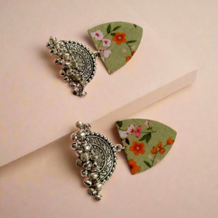 Green Floral Printed Oxidized Earrings